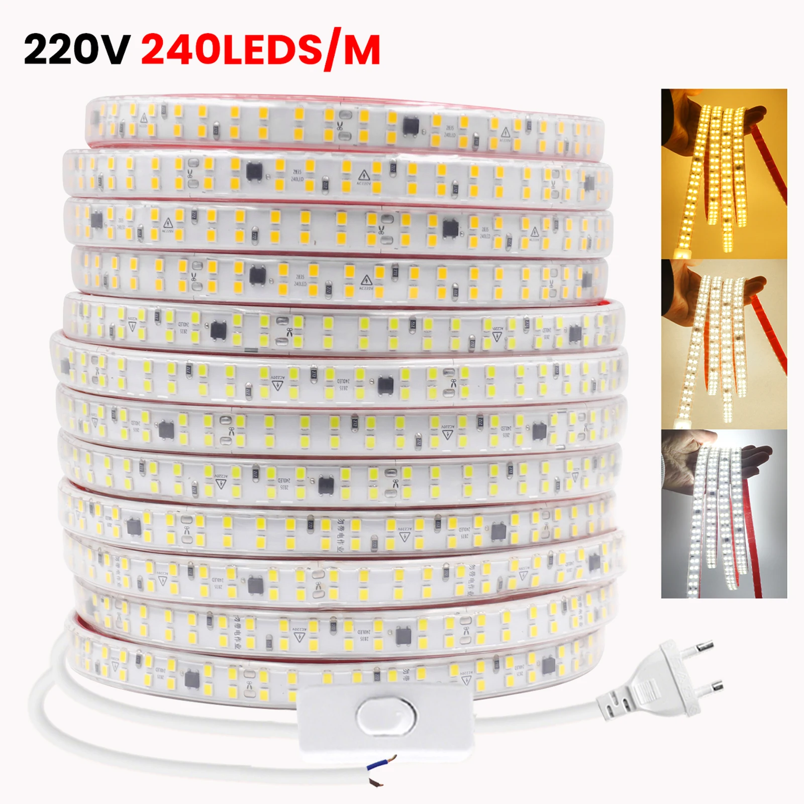 220V Switch LED Strip Light with 2Pin Wire EU Power Kit 240LEDs/M Flex Ribbon Tape Waterproof Warm Natural White 0.5m 5m 10m 20m