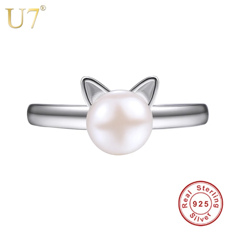 

U7 925 Sterling Silver Rings for Women Girls Christmas Gift Natural White Freshwater Pearl Jewelry Cute Cat Ring Adjustable SC06