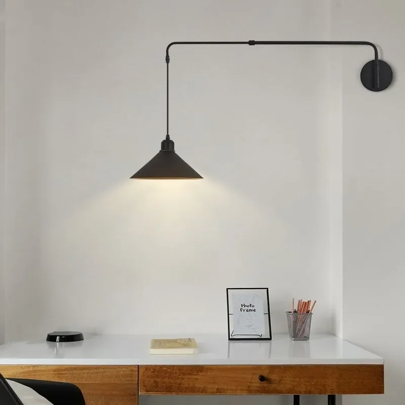 Imagem -02 - Minimalista Telescópica Longo Pólo Balanço Braço Industrial Lâmpada de Parede Black Metal Bedside Wall Light Decorações da Parede Estudo Lâmpada