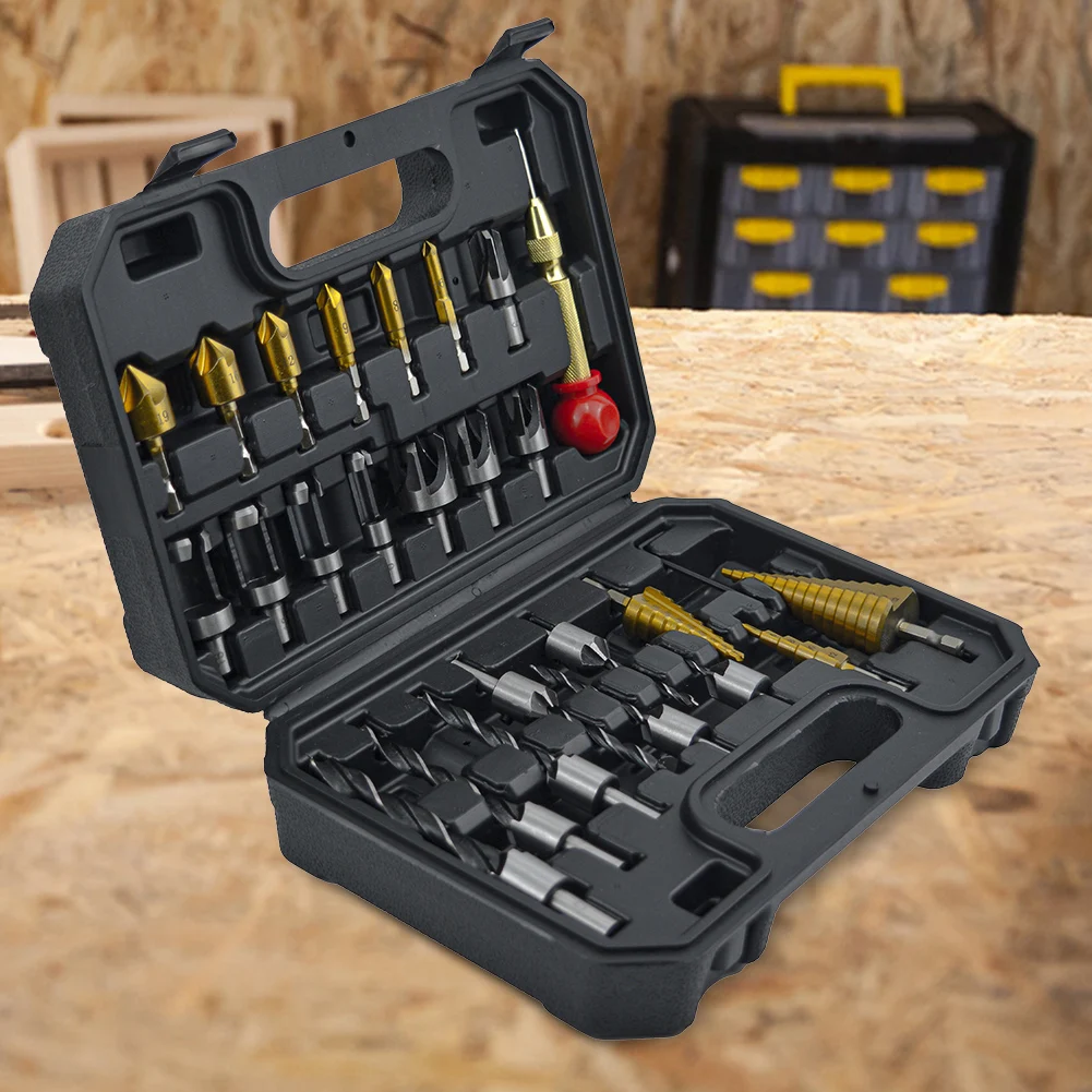 Conjunto de ferramentas de broca de 26 peças, incluindo perfurador central automático, broca escareadora de 3 pontas, cortador de madeira, broca de chanfro