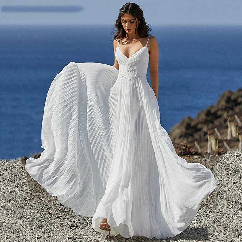

Spaghetti Straps V Neck Chiffon Beach Wedding Dresses Draped Backless Beads vestido de novia vestidos de noche فساتين سهرات