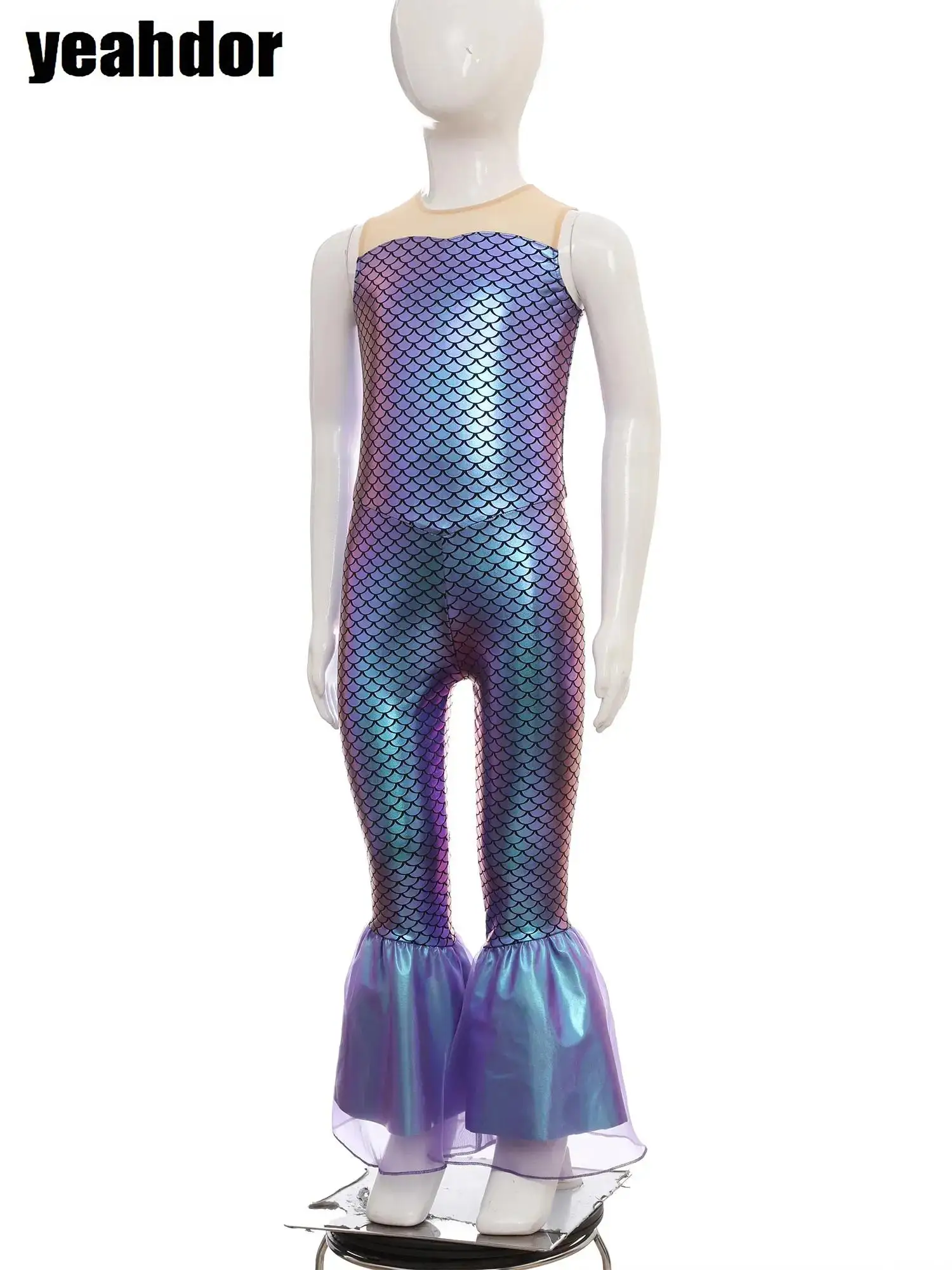 

Girls Halloween Cosplay Mermaid Bodysuit Sleeveless Fish Scales Print Flared Mermaid Jumpsuit Mermaid Theme Party Fancy Dress Up