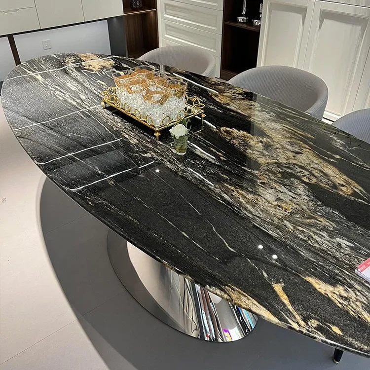 Italian minimalist stainless steel oval marble luxury stone dining table household high-end water drop-shaped luxury stone