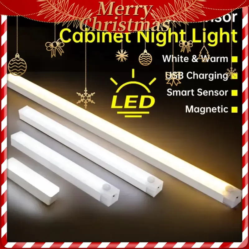 Motion Sensor Night Light USB ชาร์จไฟ LED โคมไฟไร้สาย 100 มม./200 มม./300 มม./500 มม. สีขาว WARM โคมไฟตู้เสื้อผ้าแม่เหล็กหลอดไฟ