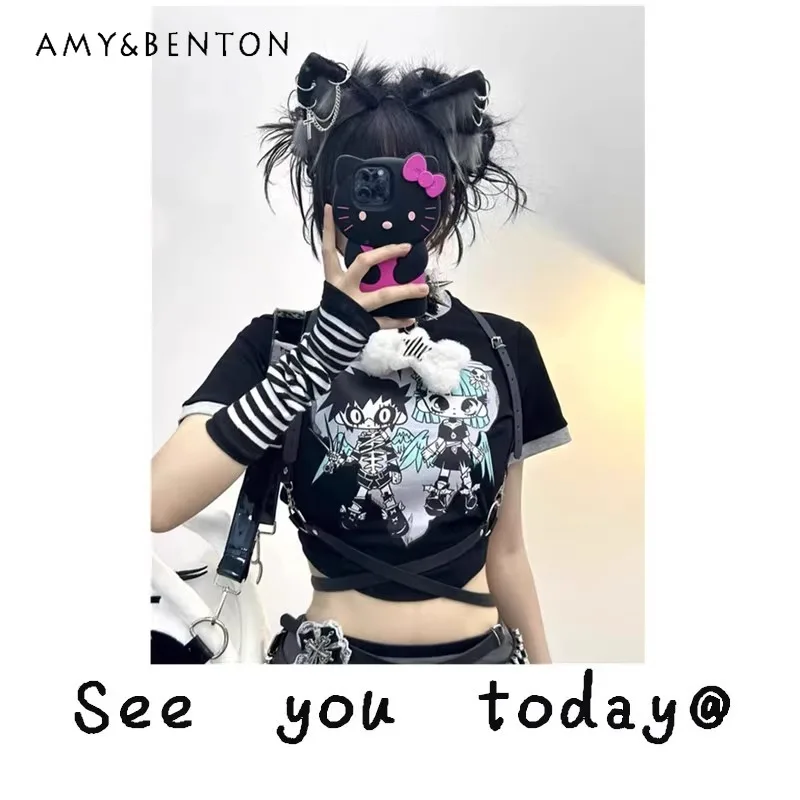 

Japanese Summer Two-dimensional Yabi Y2K Millennial Black Flash Wing Double Star Print Short-sleeved Top For Women
