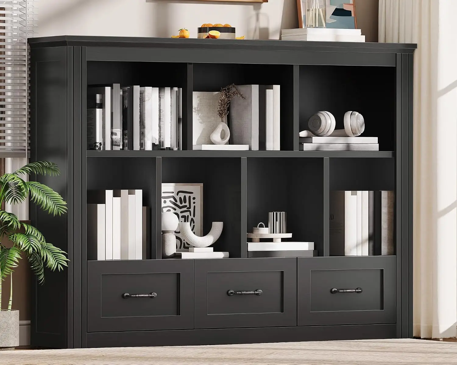 10 Cube Wooden Storage Organizer with 3 Drawers, 3 Tier Open Shelf Bookcase, Farmhouse Display Cabinet, Black, Customized