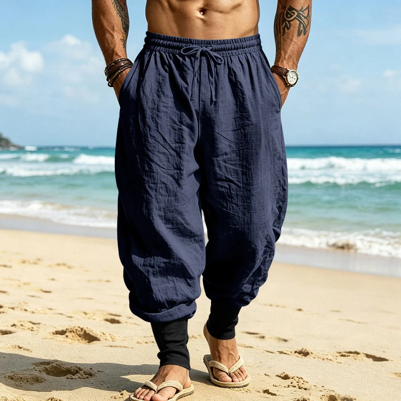 American Linen Jogger Pants, Color Block Loose Drawstring, Breathable For Beach Commute Vacation Wholesale For Men