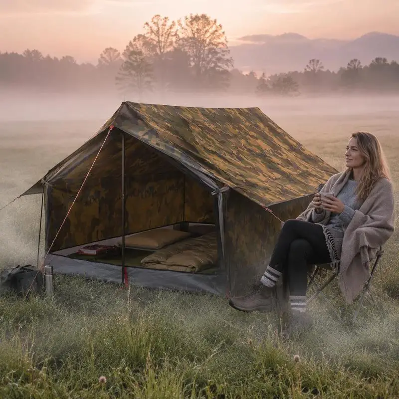Tente de camping pour 2 personnes, motif camouflage, tissu polyester avec port pour cordon électrique et fenêtres de ventilation en maille pour la randonnée en extérieur, couleur verte. Idéale pour la randonnée en banlieue, le camping en bord de lac et les séjours de nuit en bord de mer, avec une excellente performance d'étanchéité.