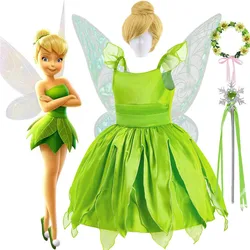 Halloween Tinkerbell Costume For Girls Flower Fairy Cosplay Outfits Kids Carnival Green Princess Gown Children Birthday Gift