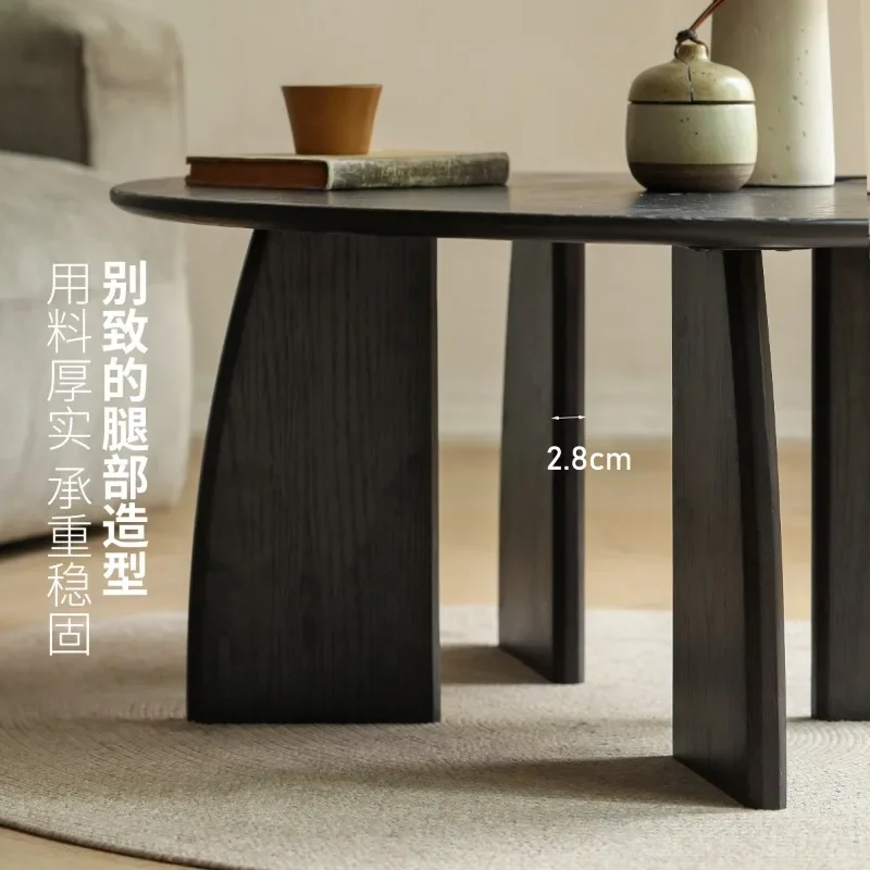 Mesa de centro pequeña de madera maciza negra, mesa de té zen redonda japonesa, redonda de madera de fresno wabi-sabi