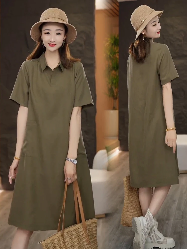 T-shirt décontracté à col de couleur Pure pour femmes, jupe ample couvrant le ventre, tendance coréenne Sle Midi Dr, nouvelle collection été