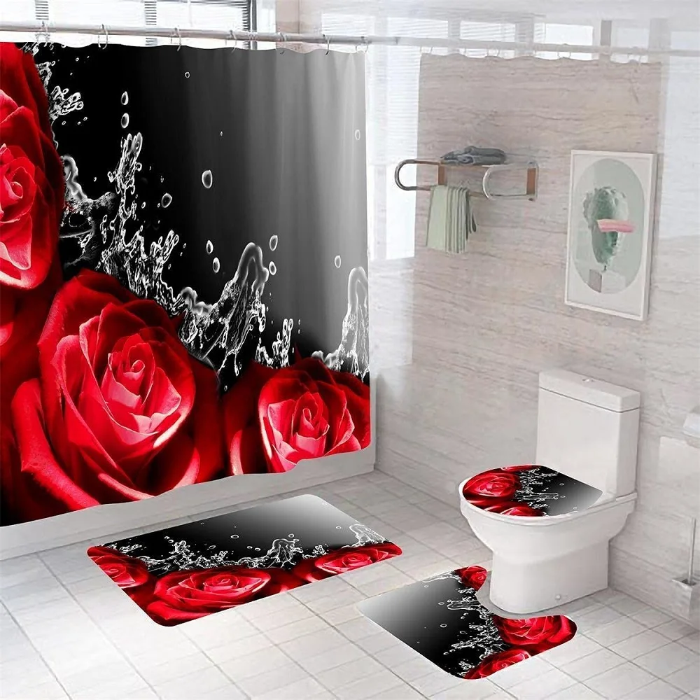 

Red Rose Shower Curtain Set Non-Slip Rugs Toilet Cover Bath Mat Realistic Water Drop Flowers Waterproof with Hooks Bath Curtains