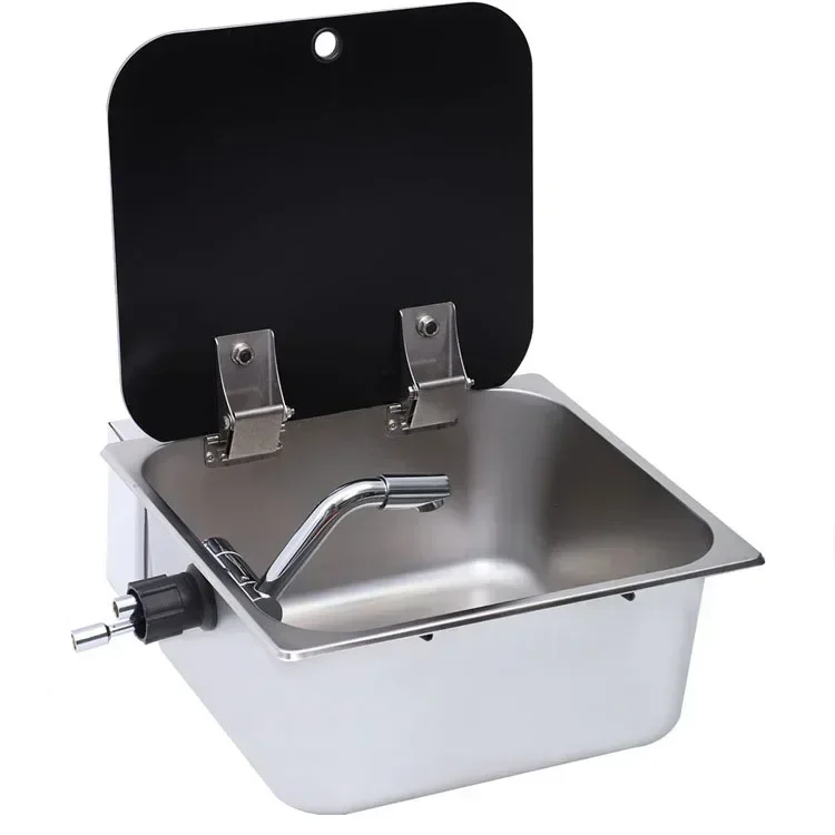 Stainless steel sink with safety glass cover, RV RV camping boat collapsible faucet waste water filter 350x320x150mm