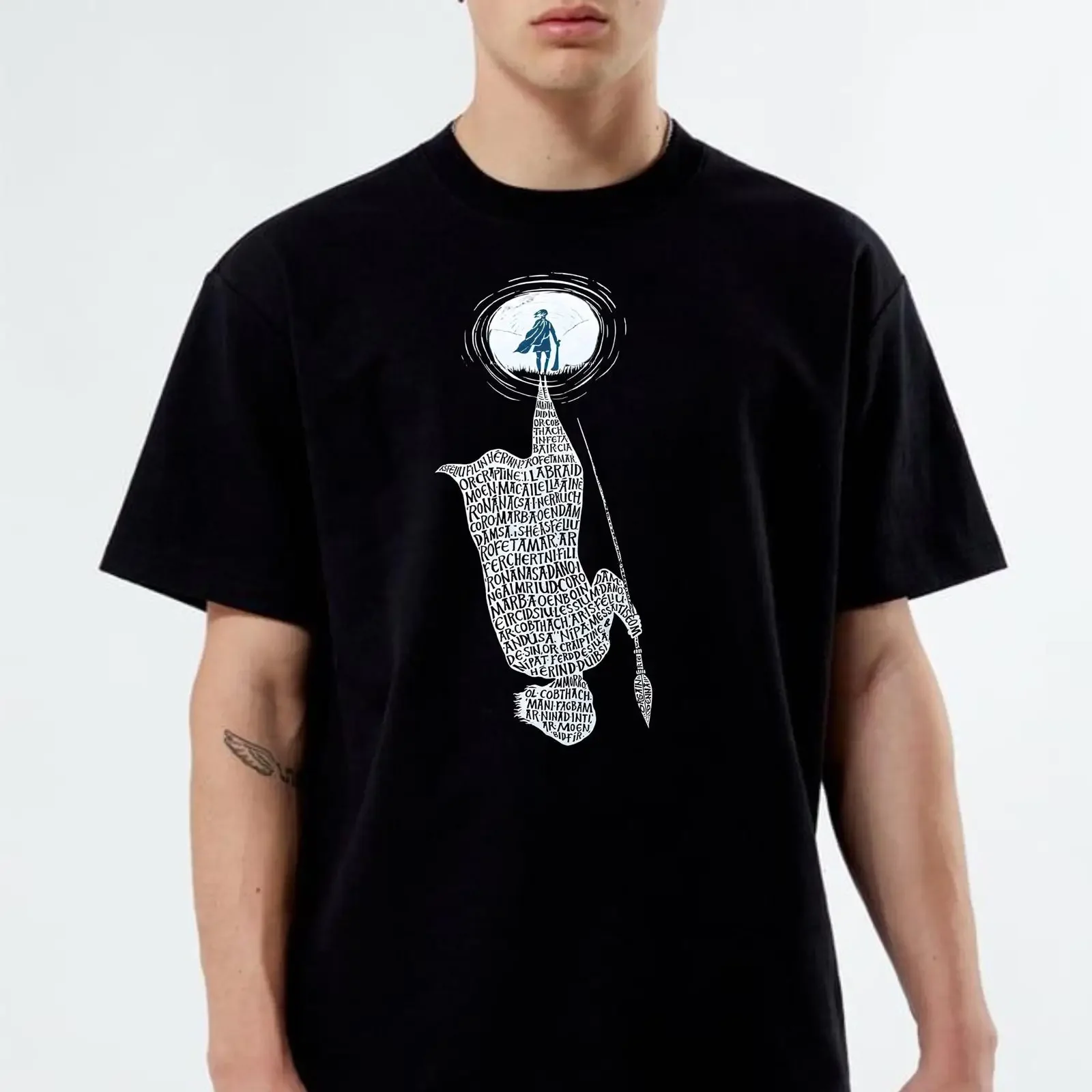 Irish Folklore Typography T Shirt Eco Friendly Calligram Art Spear Black XL 100 Cotton Novelty Top vintage Washed fashion Soft