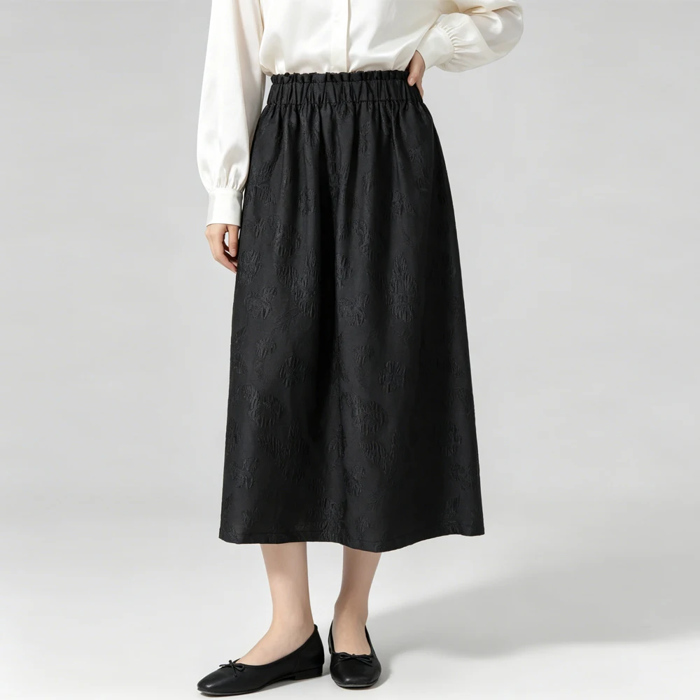 Plus Size Black Texture 100% Natural Mulberry Silk Gambiered Guangdong Gauze Flower Bud Waist Women's Summer Loose Skirt