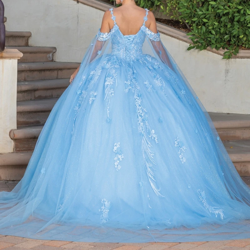 Luxury Sky Blue Quinceanera Dresses Applique Lace Beads With Cape Ball Gown Sweet 16 Year Princess Dress For 16 Years vestidos