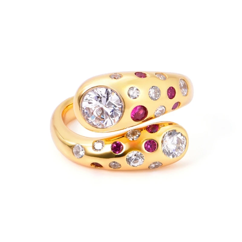 

BELLUX Palace Style Vintage Gold Snake Shaped Ring Women's Unique Design Pink and White Diamond Light Luxury Fashion Ring
