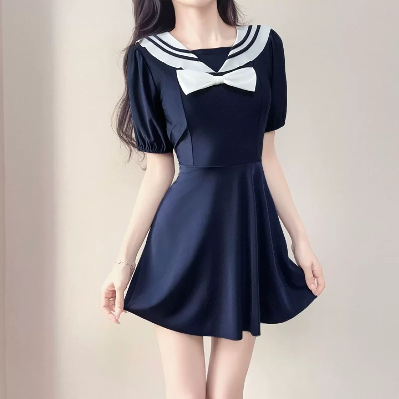 Lolita School Girls Bowknot Puff Sleeve Sailor Dress Swimsuit Japanese Sukumizu Cosplay Swimwear Bathing Suit Dropship