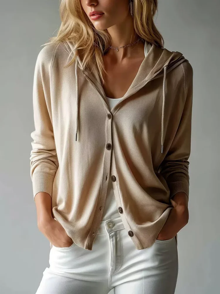 Spring Summer Thin Tencel Hooded Knit Cardigan  Tops Solid Color Simple Loose Casual Button Front Elegant Women's Sweater Coat
