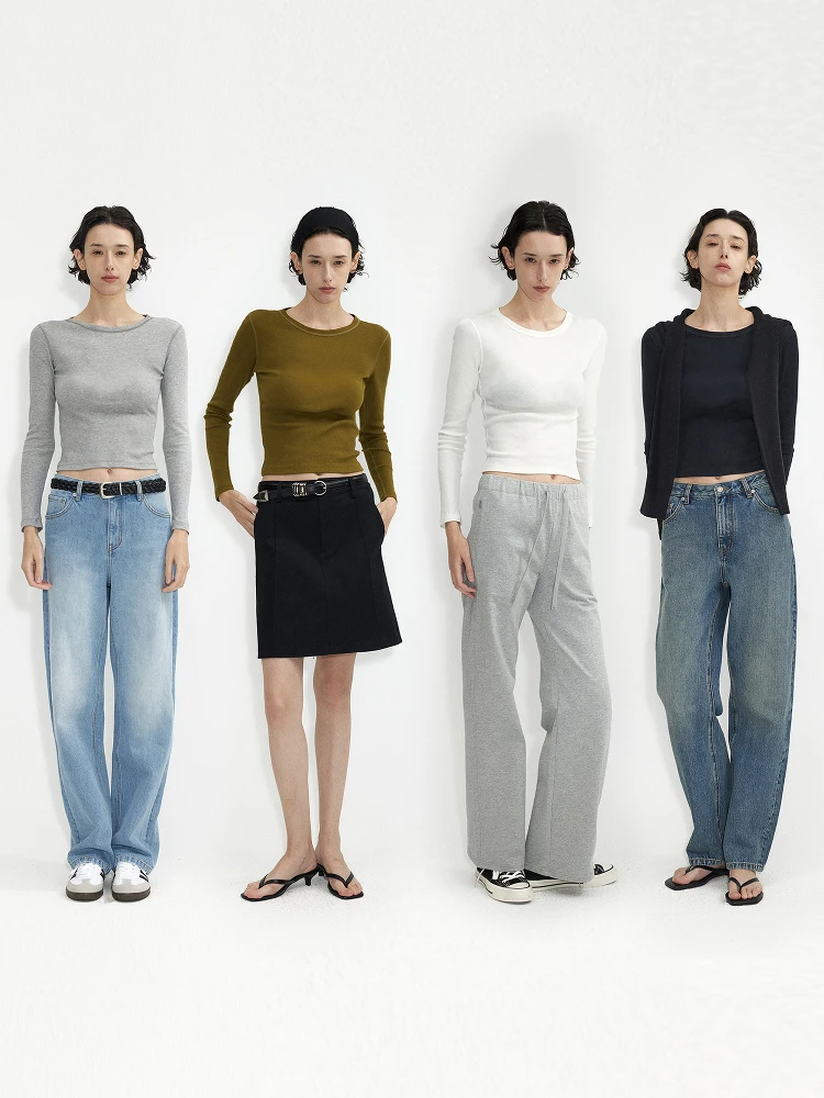 

Cleanfit round Ne Long Sve T-irt 90s Sle Wool Silk Cotton Texture Commute Faion Ladies' Basic Color Top