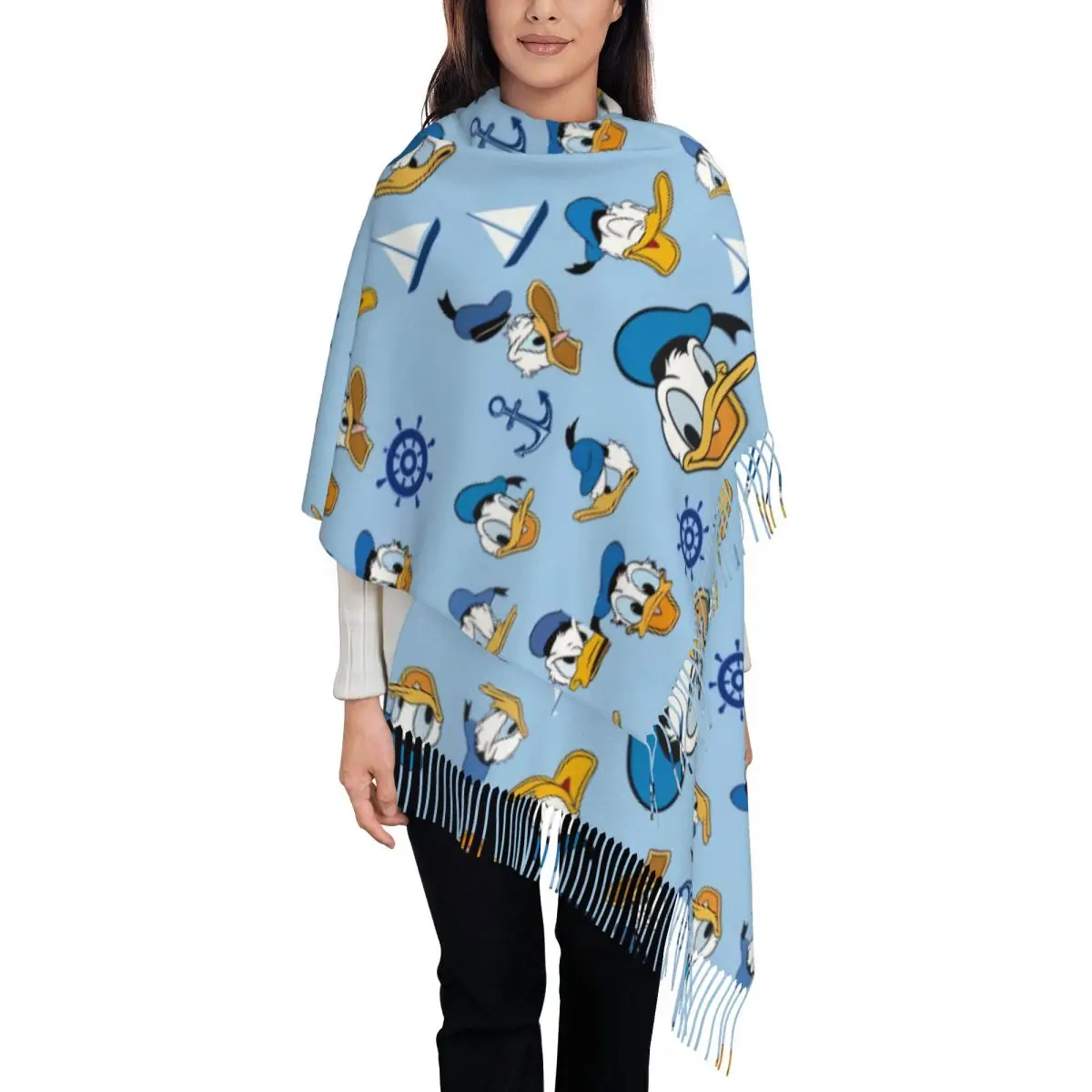 

Custom Fashion Cartoon Donald Duck Tassel Scarf Women Winter Fall Warm Shawl Wrap Lady Scarves
