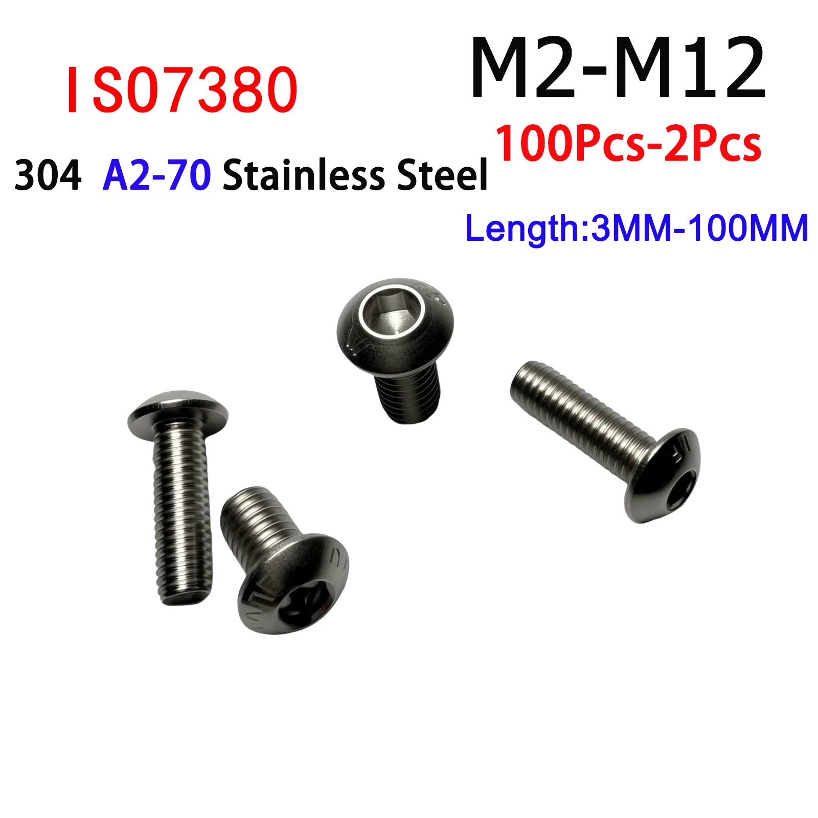 

2-100Pcs M2 M2.5 M3 M4 M5 M6 M8 M10 M12 304 A2-70 Stainless Steel ISO7380 Hexagon Hex Socket Head Button Allen Bolt Screw