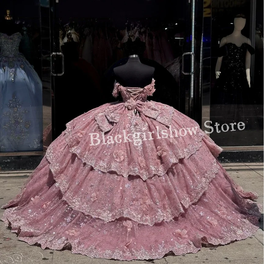 Luxe Fantasie Quinceanera Jurken Off Shoulder Roze Glitter Bloemen Applique Diamant Kralen Mexican Prinses 15 Jurk Vestidos