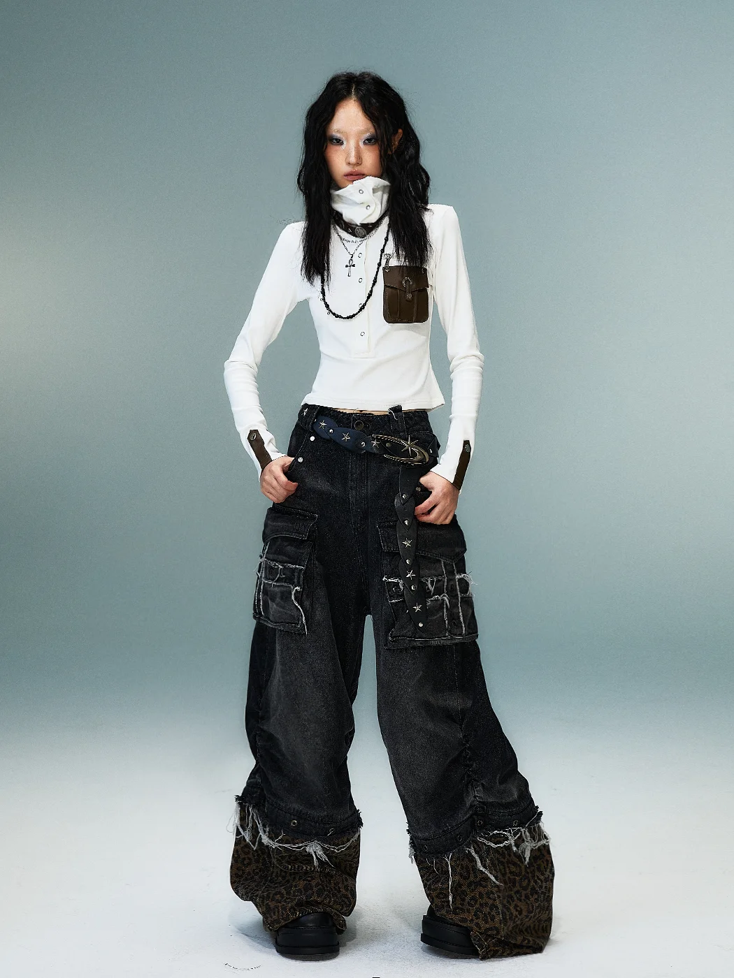 

Оригинальные джинсы Street Punk Heavy Du с отстегивающимся леопардовым принтом, свободные, широкие, повседневные, с завышенной талией, из денима