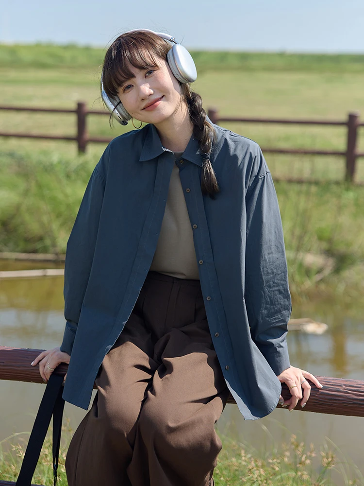 

Deep ey Casual Drapey Long Sve Women's irt Autumn Spring Hong Kong Sle Commute Design Sensation Maturi Lightweight