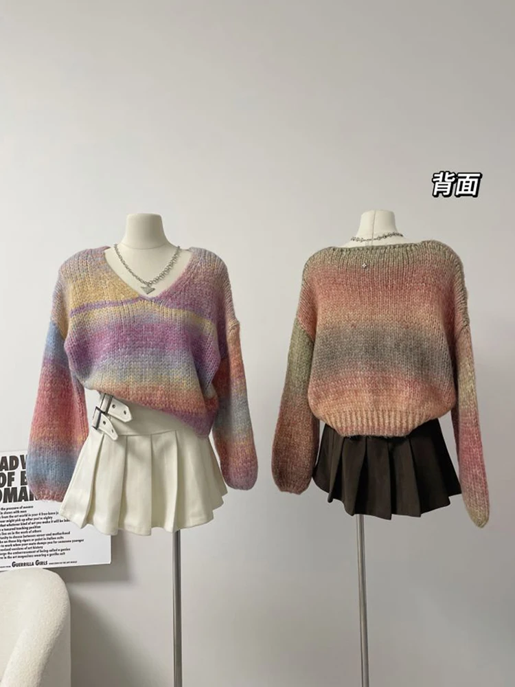 Harajuku Rainbow Knitted Pullovers Women O-Neck Long Sleeve Autumn Winter Female Sweater Korean Tide Warm Casual Jumper Baggy