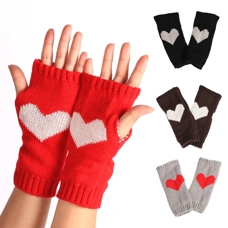 

Fashion Winter Heart Knitted Fingerless Gloves Wristband Warm Half-finger Gloves Girls Elastic Short Arm Warmer Mittens