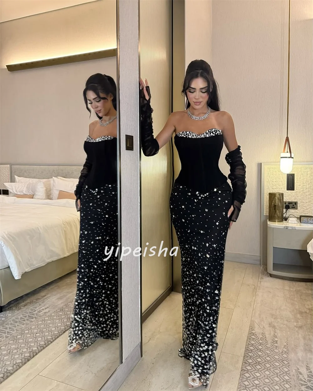 Customized Intricate Fashion Jersey Rhinestone Beading Column Strapless Long Dresses Bespoke Occasion Dresses Elegant Matching image 2