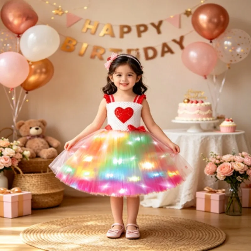 

Girls' Tutu Dress with LED Heart Sequins,Glowing Princess Costume for Kids Holiday Party & Stage Performance,Red Dress for Party