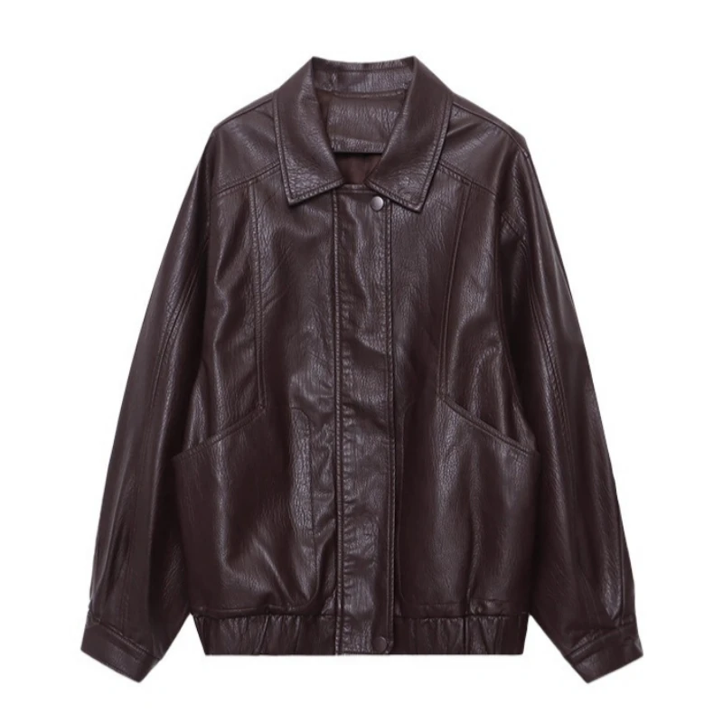 

Women's Faux Leather Bomber Jacket Long Sleeve Chic Outerwear Elastic Hem Female Fashion Top