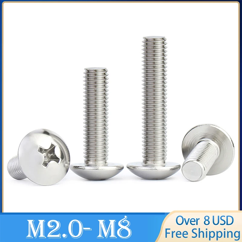 M2 M2.5 M3 M4 M5 M6 M8 304 Stainless Steel (A2-70) Phillips Pan Flat Head Large Round Cross Bolt Length Range 3- 80mm