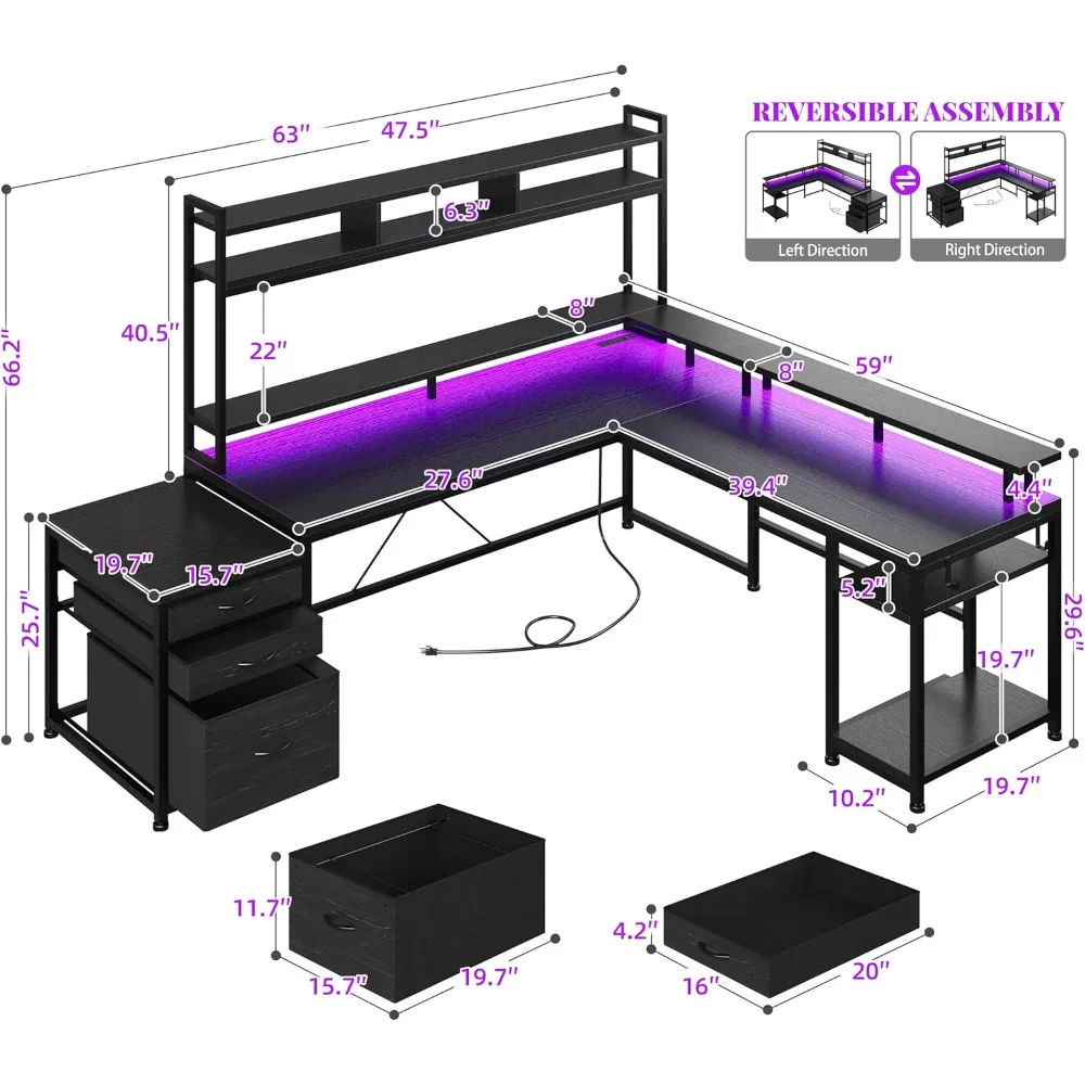 Gaming Desk with LED Lights, Power Outlets, Drawers, Storage Shelf & Monitor Stand, Sturdy L Shaped Corner Reversible Computer