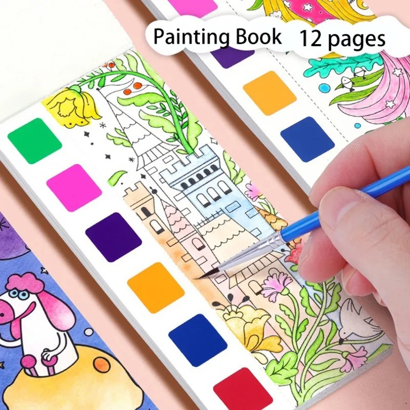 

Gouache Book Kids Graffiti Picture Portable Watercolor Painting Book 12 Sheets Coloring Book With Paint Brush Drawing Stationery