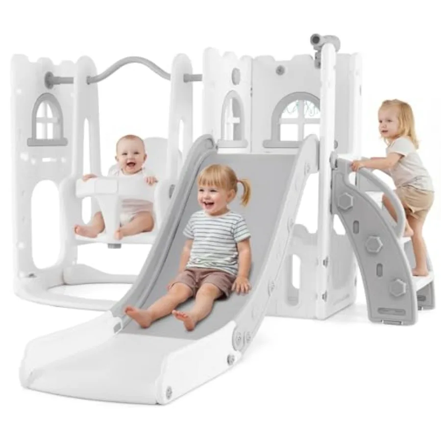 

Toddler Slide and Swing Set 7 in 1 Indoor Outdoor Playground with Climber Basketball Hoop Telescope Toy Storage for Boys Girls