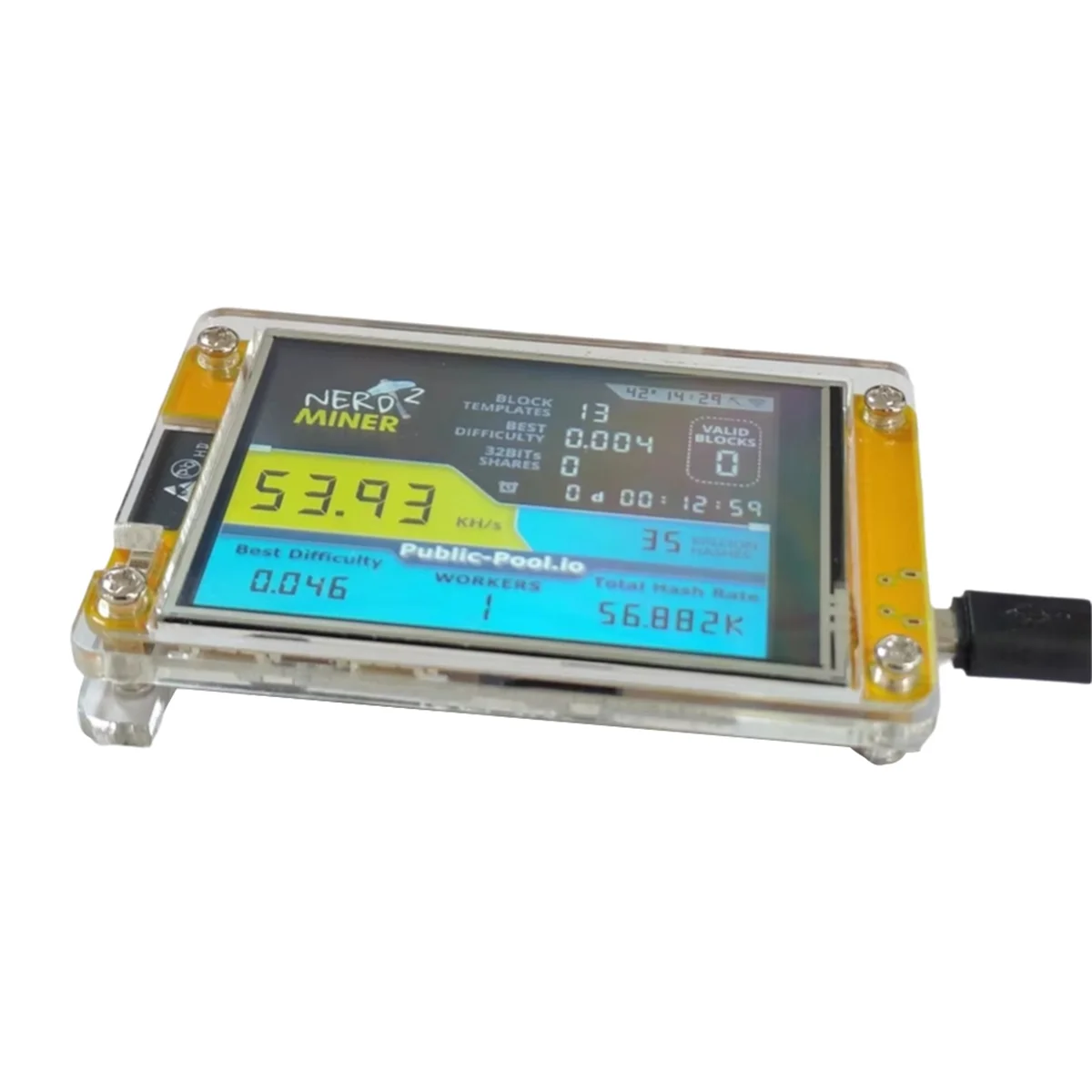 A56XQ NerdMiner 2 Penambang 55-60KH/S Layar 2.8 Inci BTC Penambang Lotere Tunggal Bitcoin BTC Penambang Solo Nerd Penambang dengan Casing