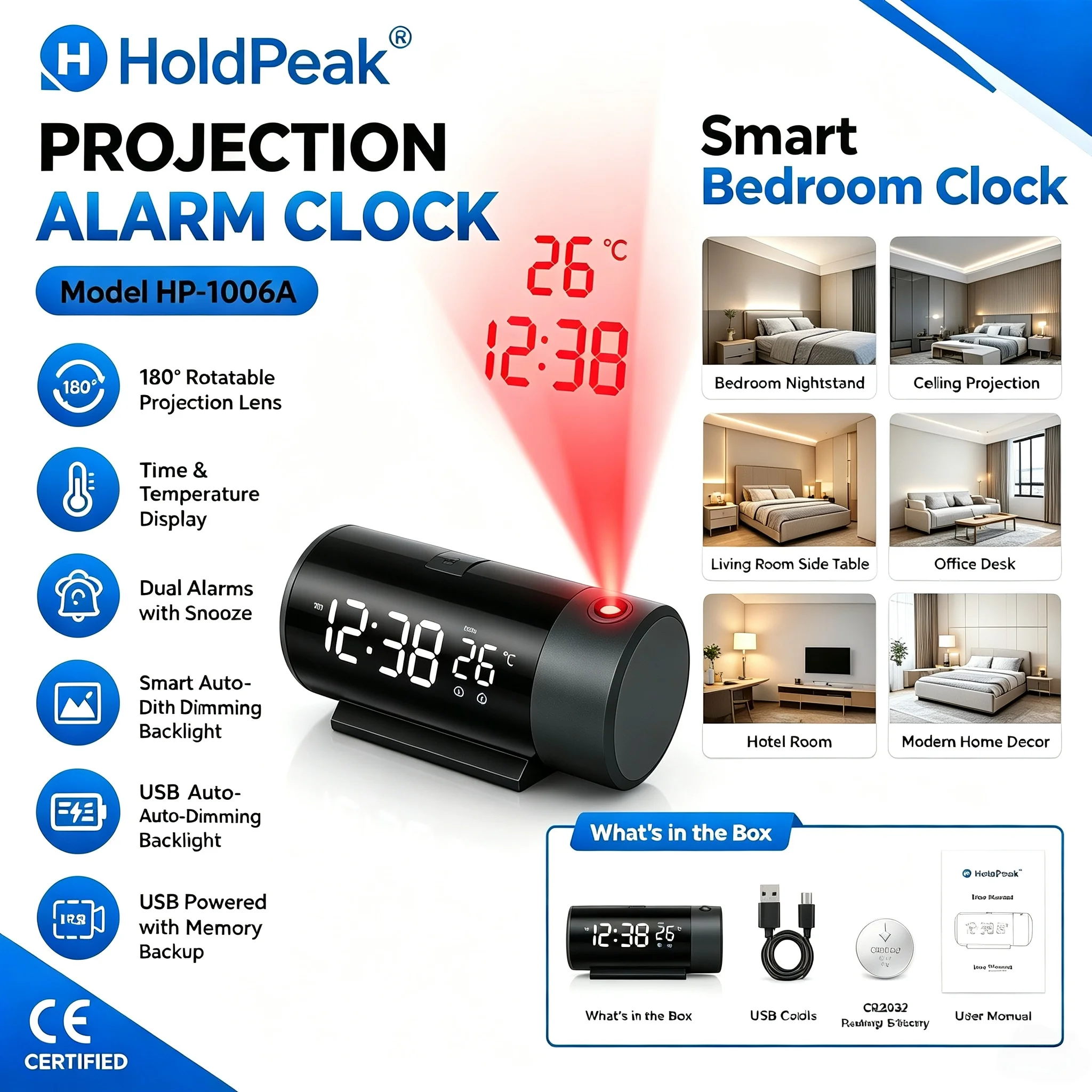 HoldPeak Digital Projection Alarm Clock with Temperature 180° Rotating Lens USB Snooze Dual Alarm for Bedroom Desk