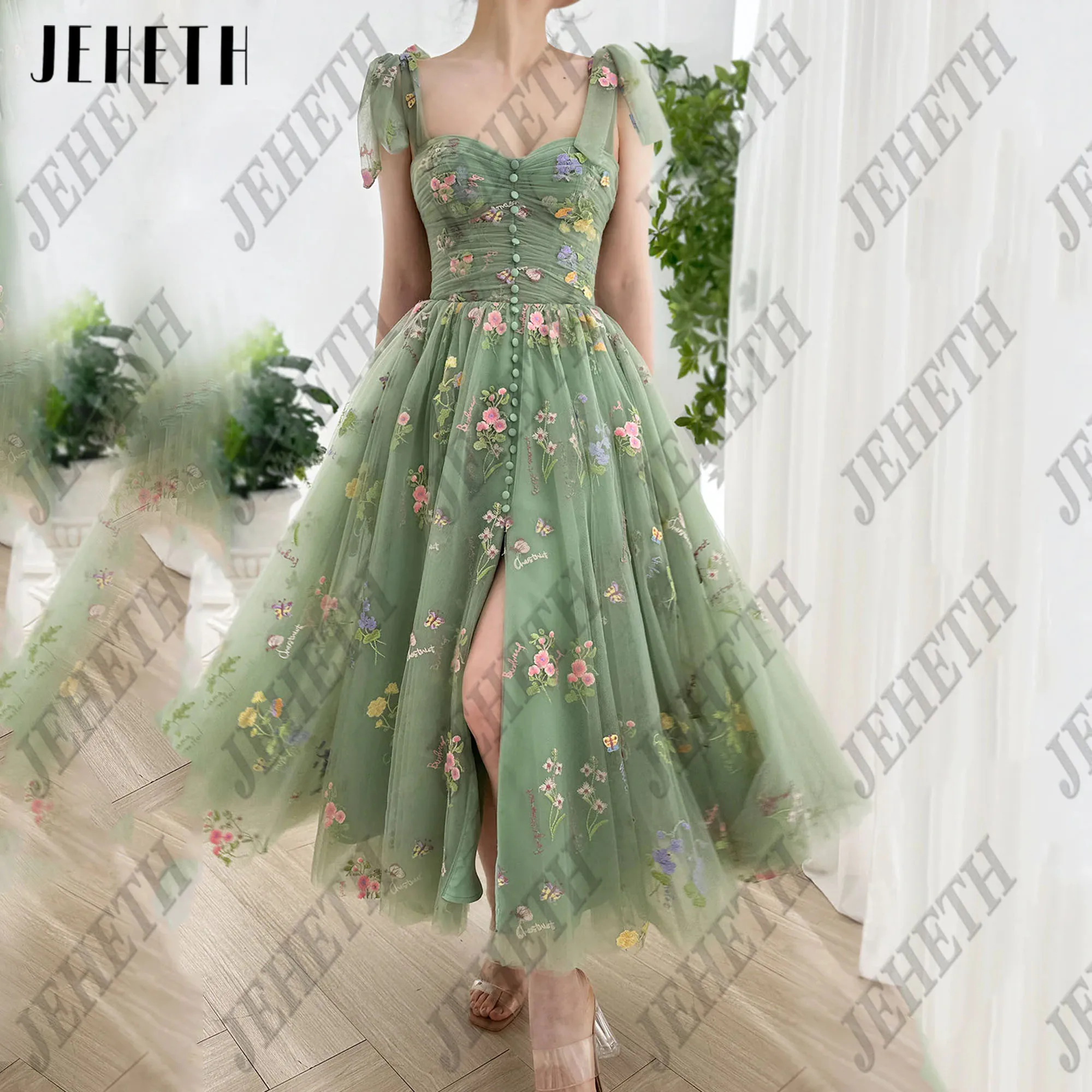 

JEHETH Midi Corset Tulle Prom Dress Embroidery A Line Sweetheart Spaghetti Straps Party Gowns Pastrol Birthday Dress Customized