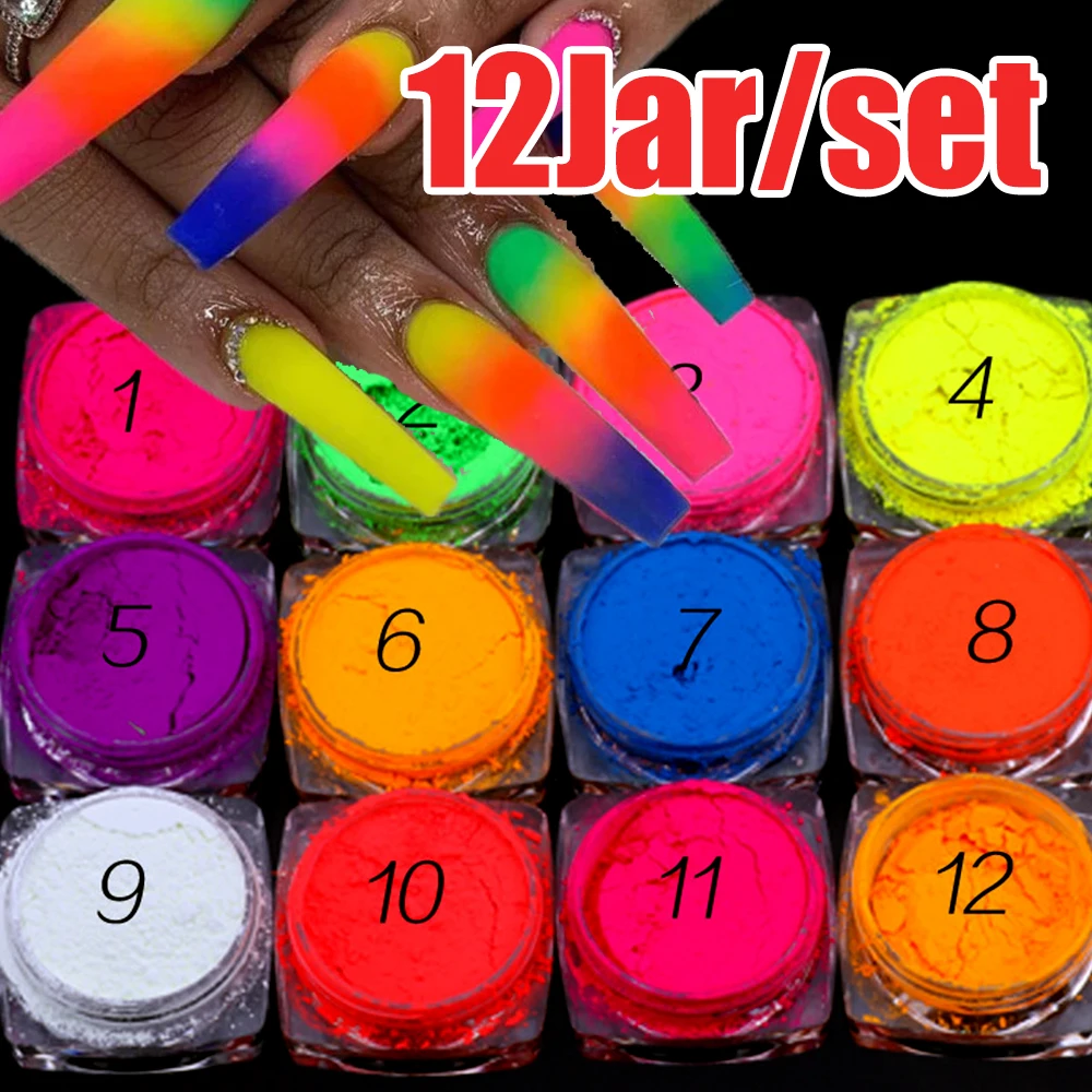 12 stks/set Neon Fosfor Nail Chrome Poeder Net3g * 12 stks = 36g Fluorescentie Effect Nail Pigment DIY manicure Neon Stof ft027