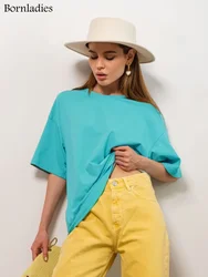 Bornladies 2025 Women's Summer 100% Cotton T-shirt Bottoming Basic Fashionable Solid Lady Short Sleeve Loose Tops Shirts