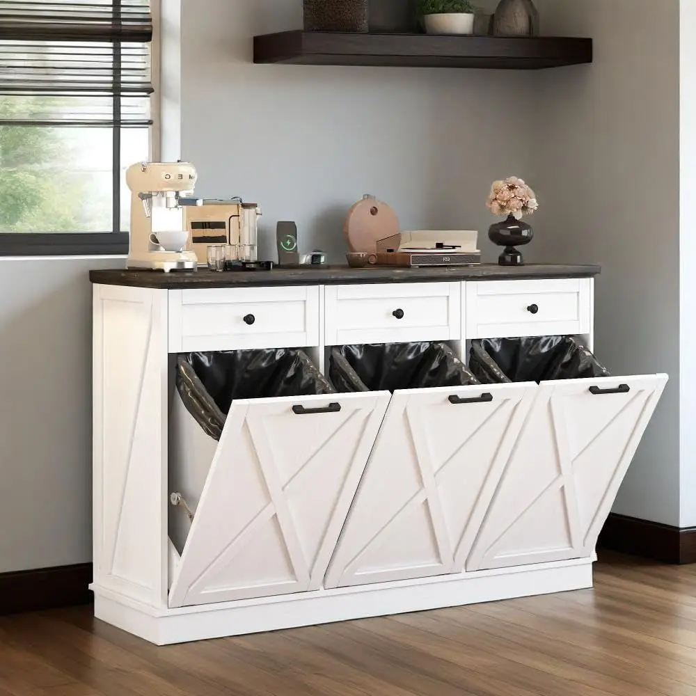 

White Triple 13 Gallon Wooden Tilt-Out Trash Cabinet with Hideaway Drawer, Pet-Proof, Power Outlets, 59 Inch