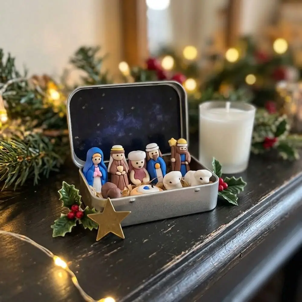 Holy Family Nativity Manger Scene Kit Hand Painted Shepherd Animal Xmas Manger Ornaments Cartoon Star Liner