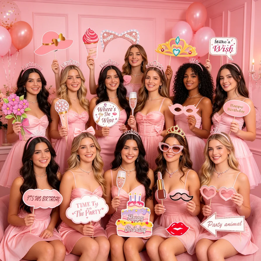33Pcs Rose Gold Glitter Birthday Photo Booth Props Kit, Funny DIY Selfie Props for Women Party Decor