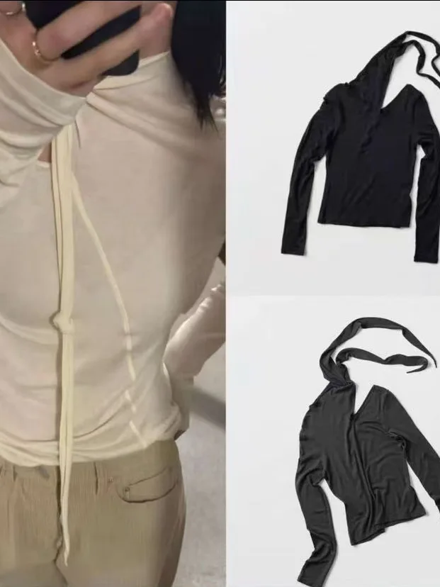 

Versatile Long Sve T-irt Single Strap Ne Design Base Layer irt Ele Draped Collar Versatile for Various Ocns