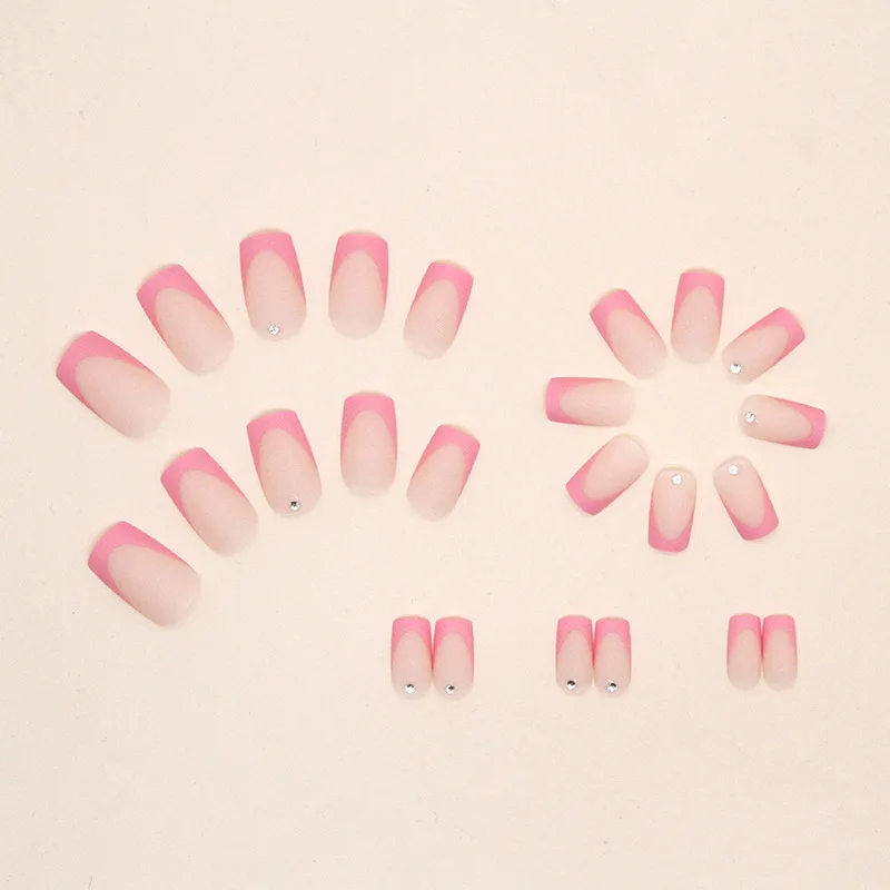 24pcs Simple French Rose Pink Rhinestone Frosted Sweet False Nails Set with Glue Artificial Cheap Fake Press on Nails for Girls