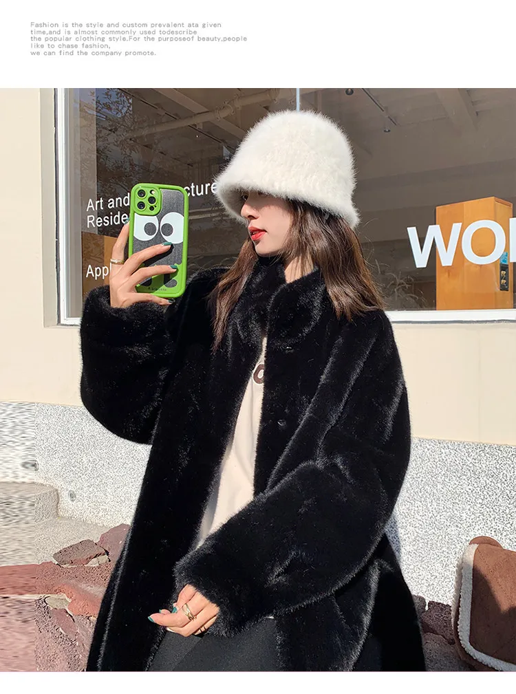 Women's Thick Faux Mink Fur Mid-length Coat Autumn Winter Fashion Stand Collar Plush Outerwear Women Elegant Warm Fluffy Jackets