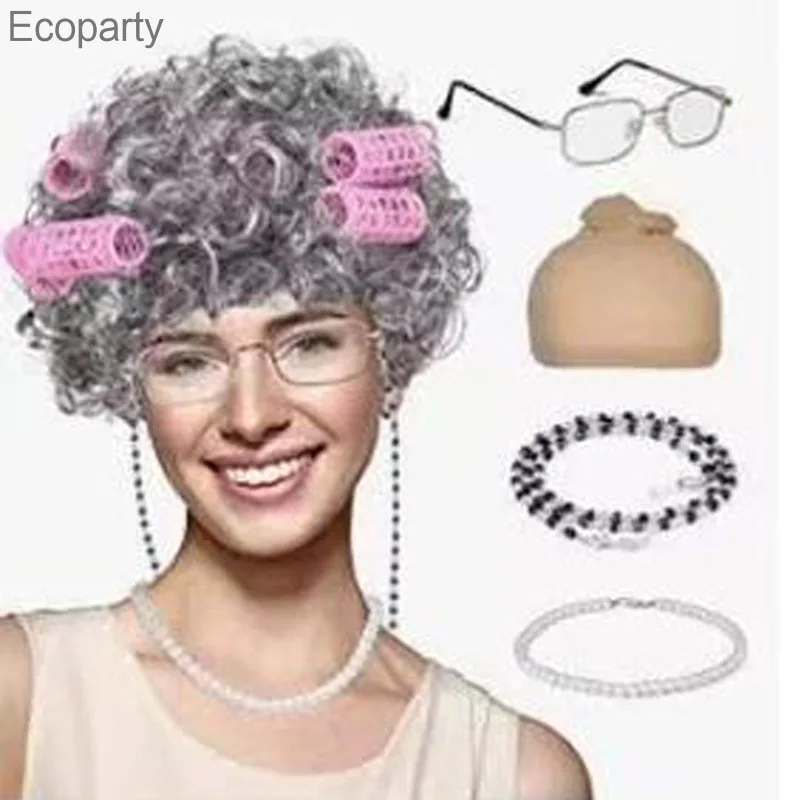 Grandma Wig Performance Cosplay Old Woman Role-playing Suit Charter Wife Stage Props Short Curly Hair Wigs Glasses Glasses Chain